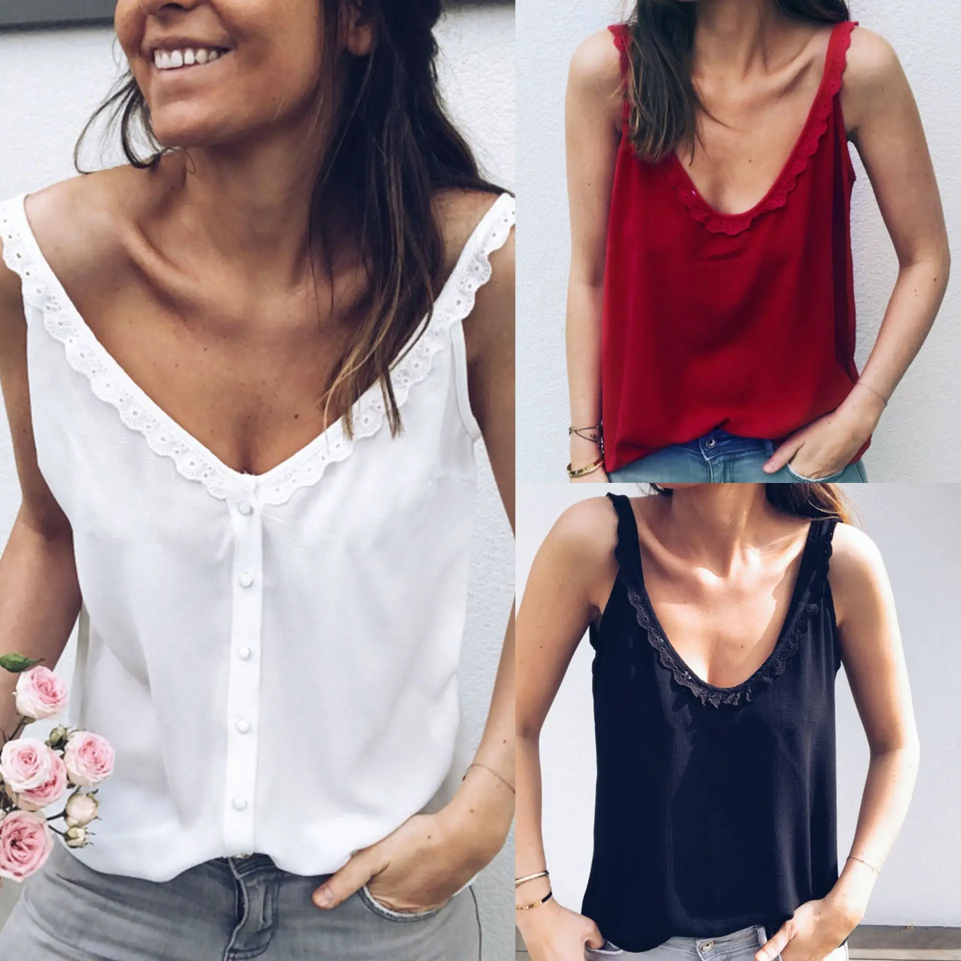 

Women Casual Loose Summer Top Lace Solid Sleeveless Blouse Breathable Basic Vest Tank Tops
