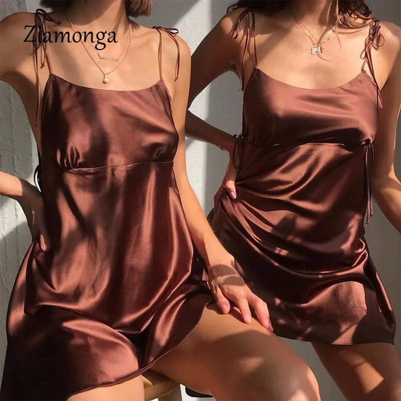 

Ziamonga Summer Satin Dress Women Green Brown Spaghetti Strap Backless Sexy Mini Party Night Club Silk Slip Dress 2019 Vestidos