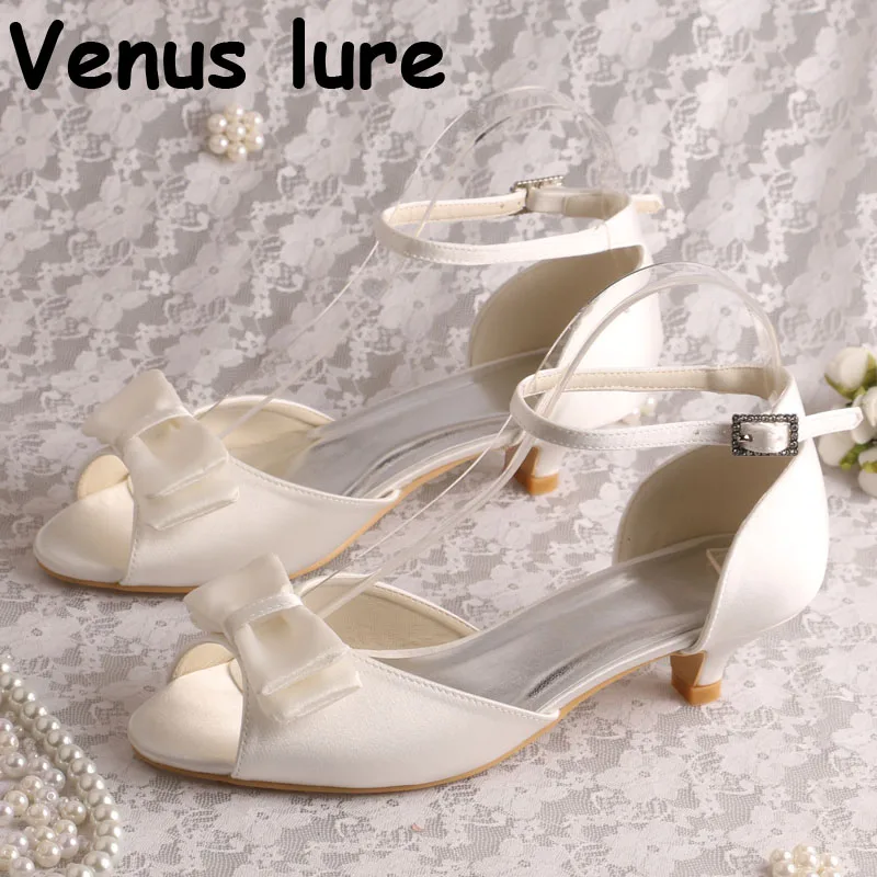 

Ankle Strap Low Heel Sandal Shoes with Bow-knot Ivory Satin Women Wedding Sandals Bride