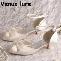 Ankle Strap Low Heel Sandal Shoes with Bow-knot Ivory Satin Women Wedding Sandals Bride