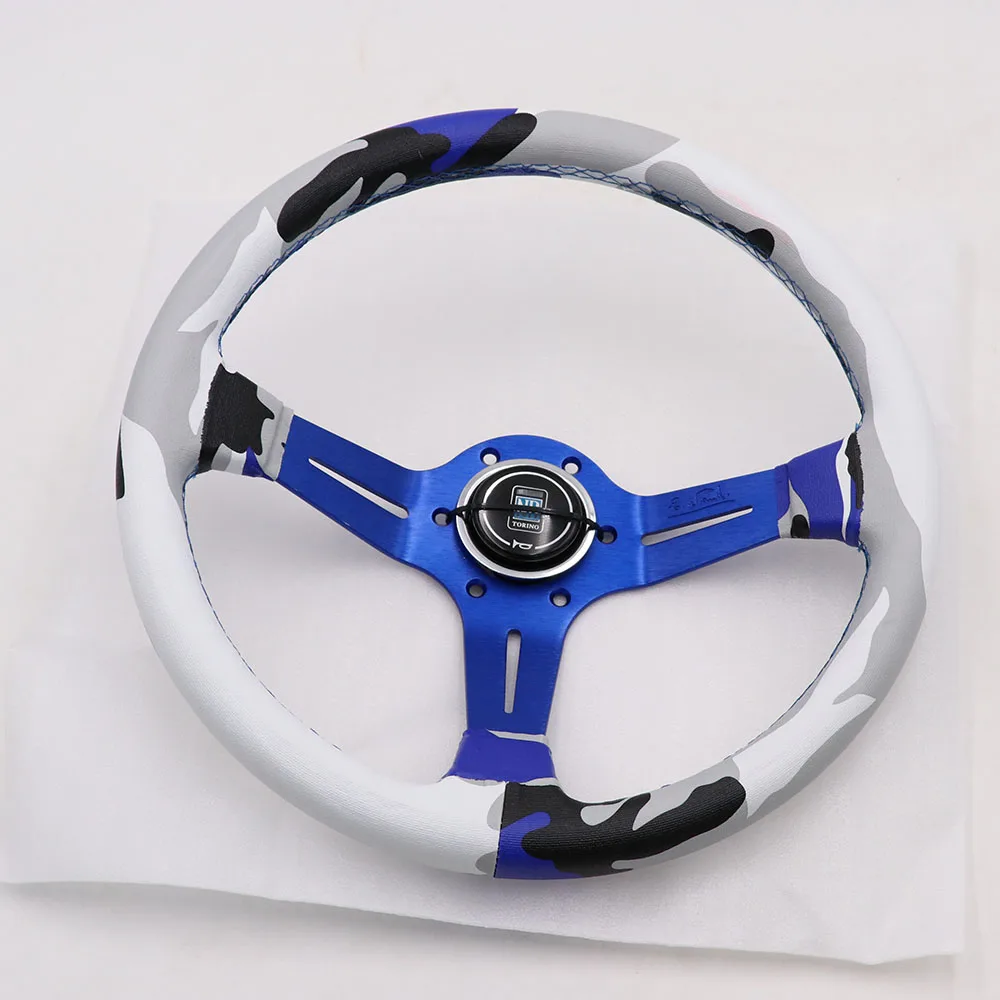 Silver/Blue/Black ND 14inch Camo PVC Leather Steering Wheel Deep Dish Drift Sport Steering Wheels