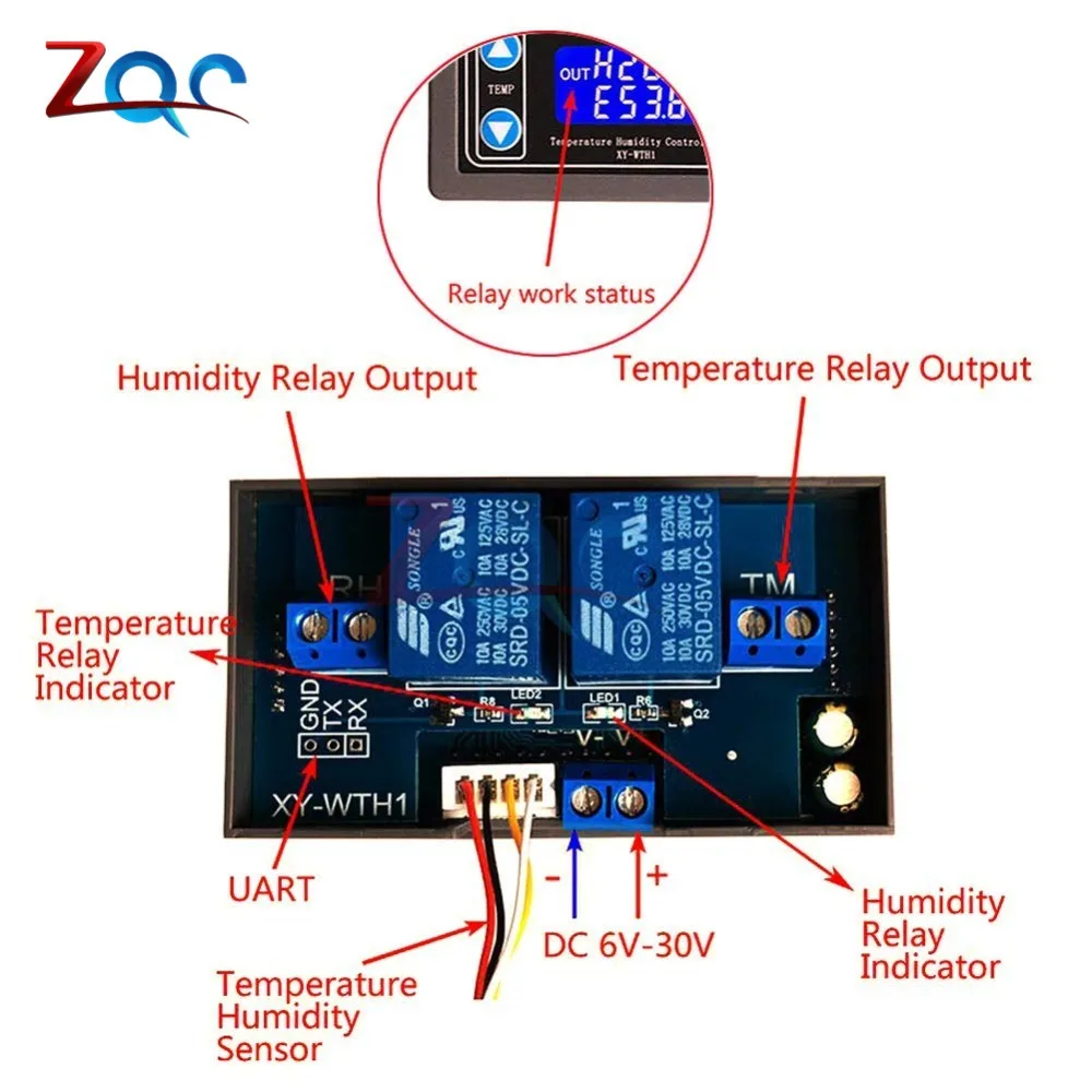 10A термостат цифровой Температура регулятор влажности с источником питания от постоянного тока, 6 V-30 V Термальность регулятор температуры с термопарным ЖК-дисплей Дисплей SHT20 Сенсор метр