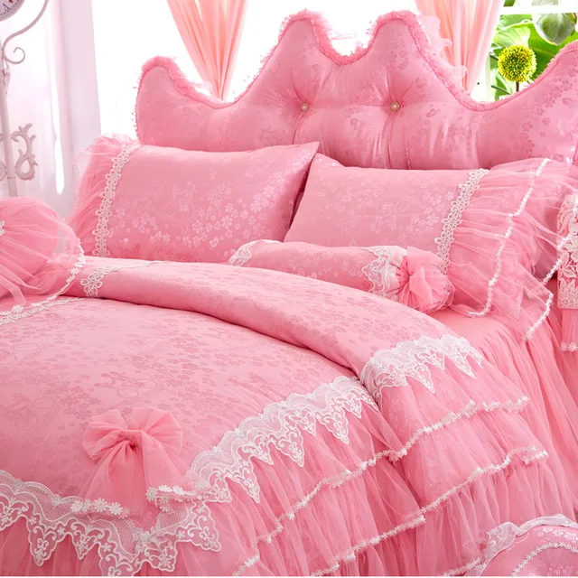 Korean Pink Lace Bedding Set Cotton Bedspread Bed skirt 4pc Princess