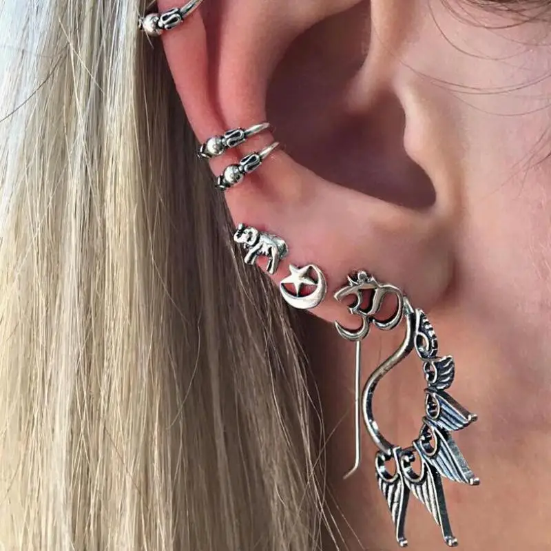 7pcs Bohemian Ear Cuff Steampunk Earring Set Antique Silver Clip