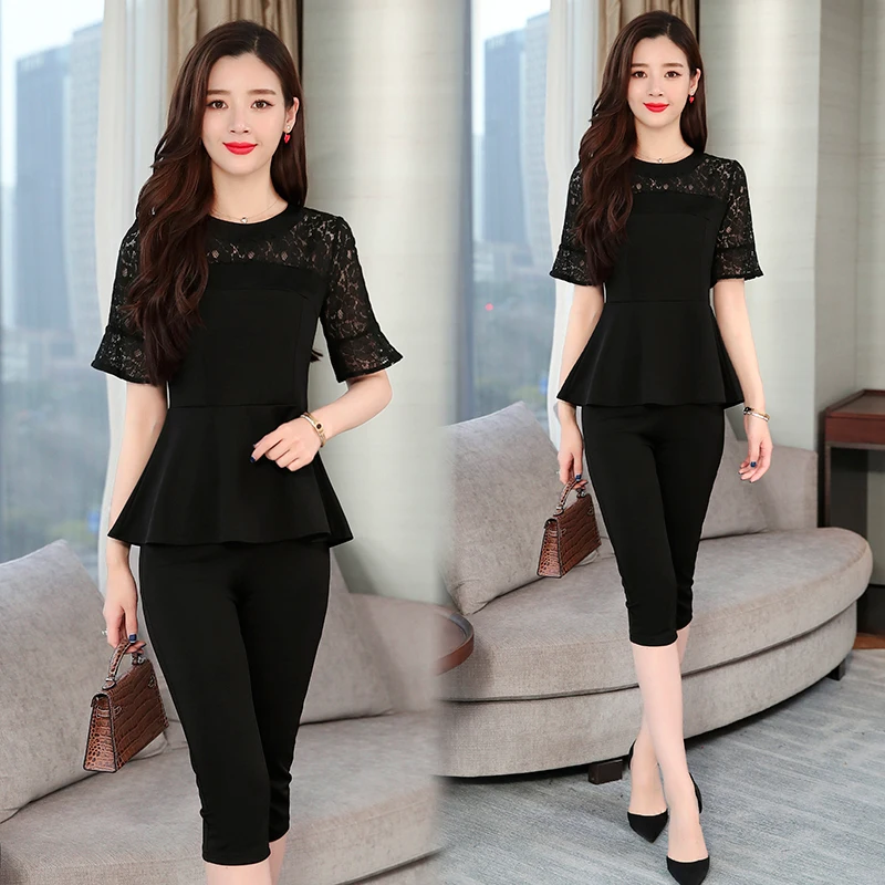 

2019 Summer Sexy Lace Hollow Out Two Piece Outfits Women Ruffles Lace Pants Suits and Top Plus Size 3xl 4xl 5xl Outfit Clothing