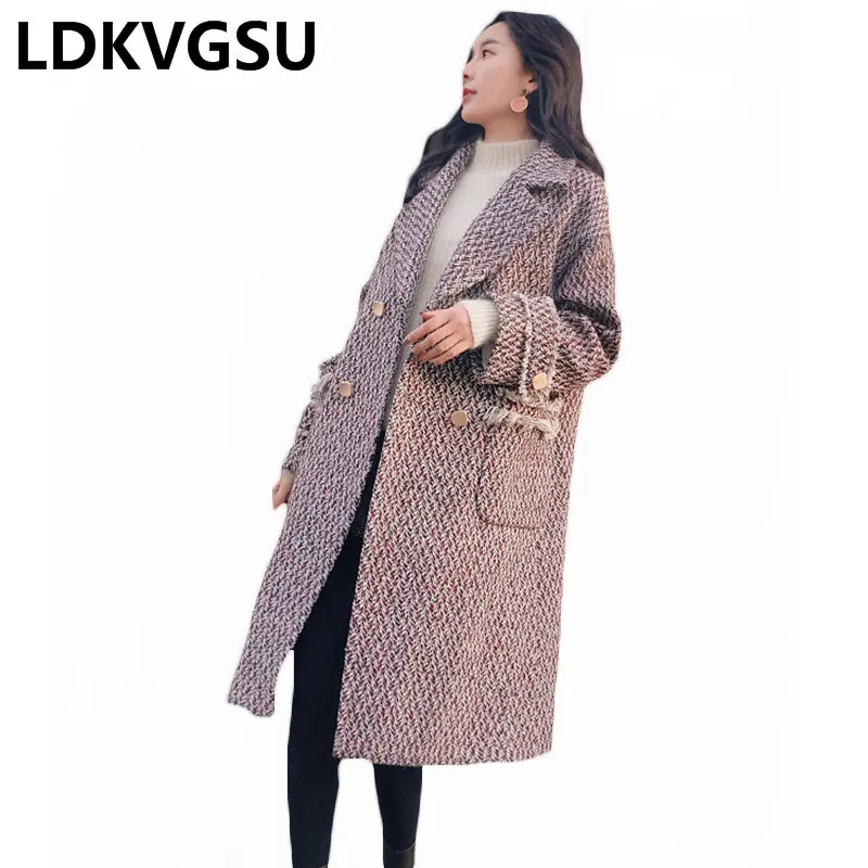 

Woolen Coat Female Houndstooth Long Section Korean 2018 Autumn Winter New Thicken Tassel Wool Coat Loose Plus Size Is1008