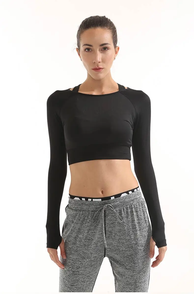 1 (1)Women Gym Black Yoga Crop Tops Yoga Shirts Long Sleeve Workout Tops Fitness Running Sport T-Shirts Training Yoga Sportswear