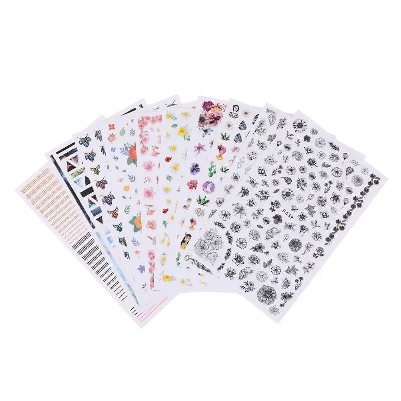 

10pcs/set Mixed Nail Sticker 3D Water Transfer DIY Nail Plant Geometric Line Manicure Sticker Nails Art Decals Decora