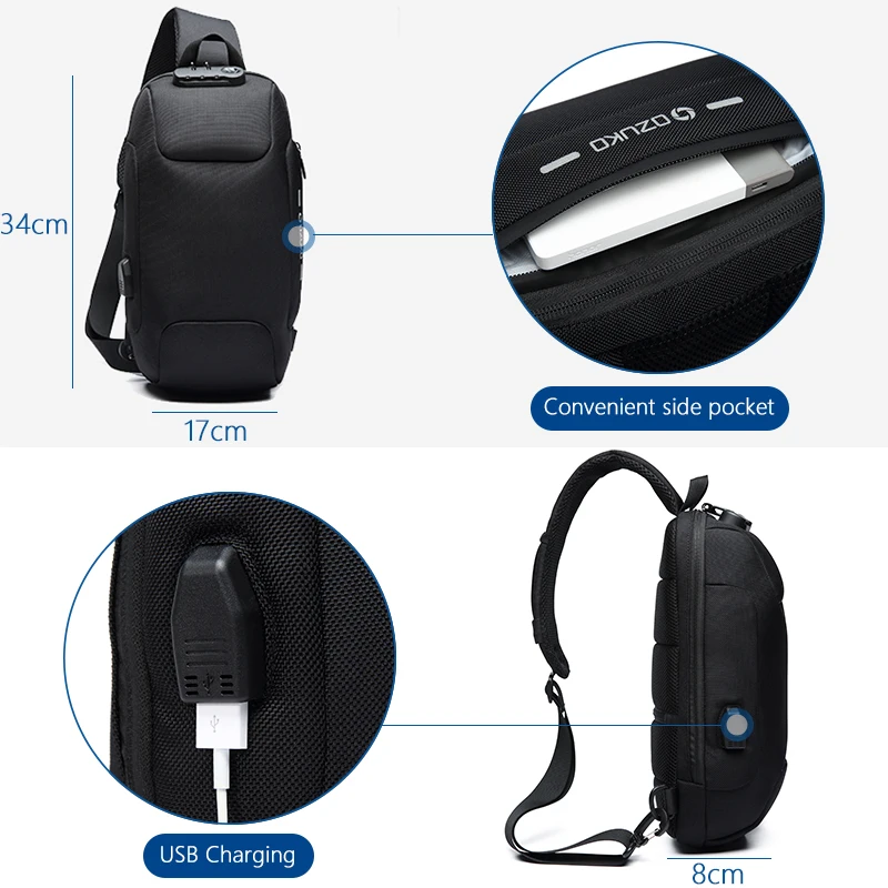 Men s Anti Theft Crossbody Bag USB PU Charging Shoulder Bag Camping Chest Waist