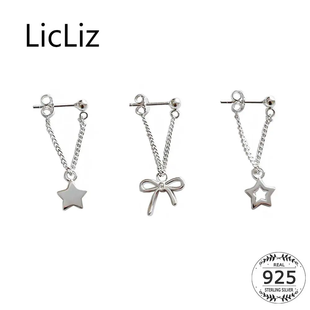 

LicLiz 2019 New 925 Sterling Silver Hollow Star Drop Earrings for Women Bowknot Solid Star White Gold Jewelry with Chains LE0524
