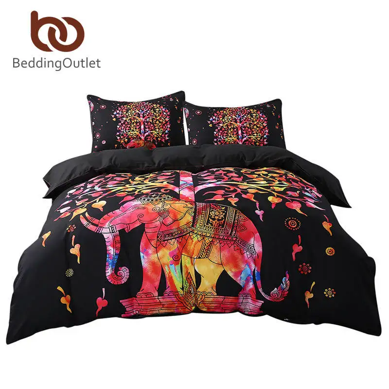 

BeddingOutlet Black Bedding Set Colorful Bohemian Print Duvet Cover and Pillowcase Indian Elephant Exotic Bedclothes Multi Sizes