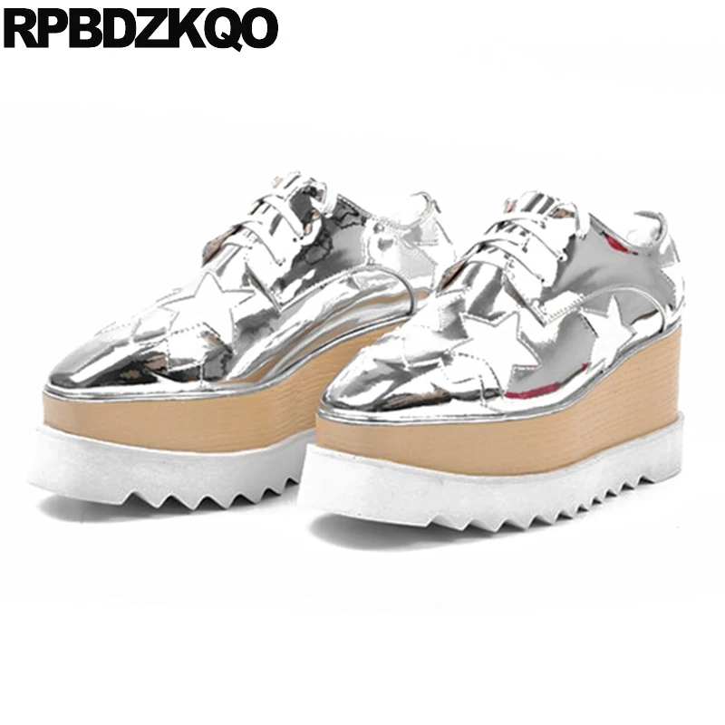 

Elevator Muffin Flats Star Genuine Leather Square Toe Creepers Platform Shoes Women Lace Up Black And White 2018 Luxury Patent