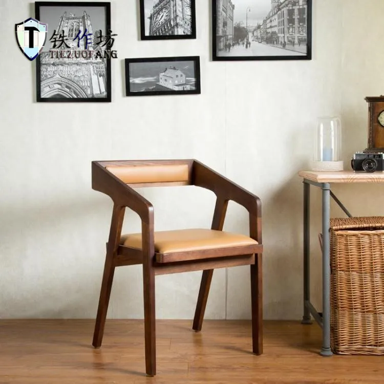 Nordic wood chairs upholstered armrest real leather office chair work hotel restaurant coffee ...
