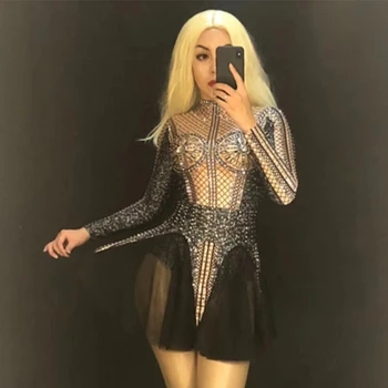 

Crystals Mesh Short Dress Women Sexy Pearls Rhinestones Black Woman Birthday Party Celebrate Outfit Singer Dancer Costume DT359