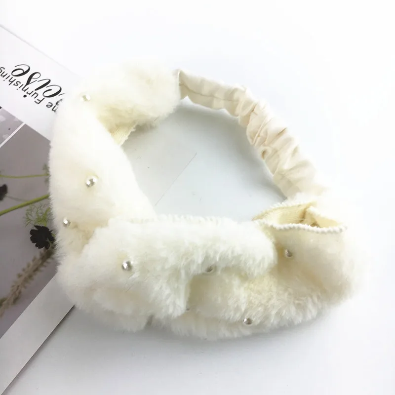 

New Style Personality Faux Fur Simulated-pearl Wide Hairbands Cute Coral Fleece Cross Headwraps Simple Headbands Handmade