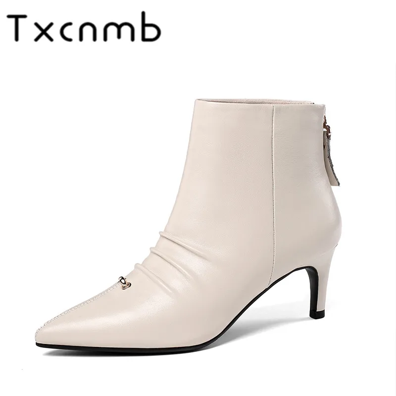 

TXCNMB 2019 Boots Women Ankle Boots for Women Winter Genuine Leather High Heel Shoes Woman Pointed Toe Boots Size 41 42