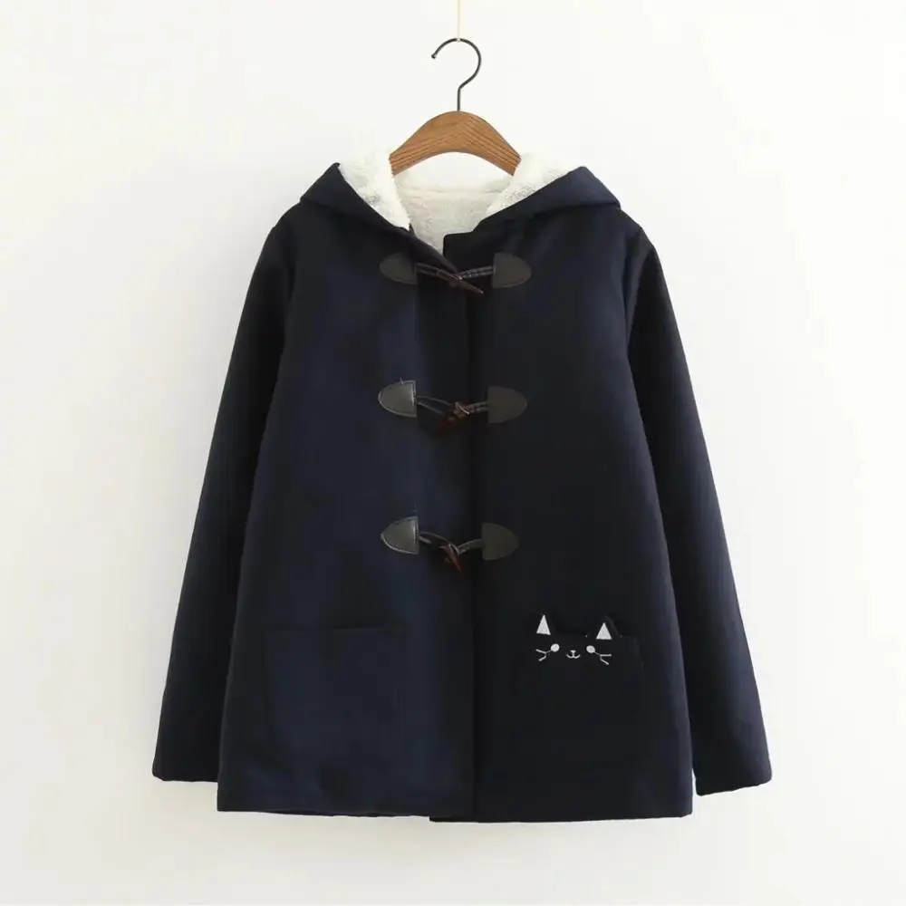 Прекрасный кот Карманы Теплый с капюшоном зимнее пальто для женщин куртка Роговая кнопка плюс бархат 3 цвета M, L - Цвет: Тёмно-синий