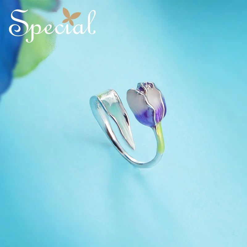 Кольцо женское эмалированное с цветком и тюльпаном S1720R|jewelry gift|ring sizeopen ring |