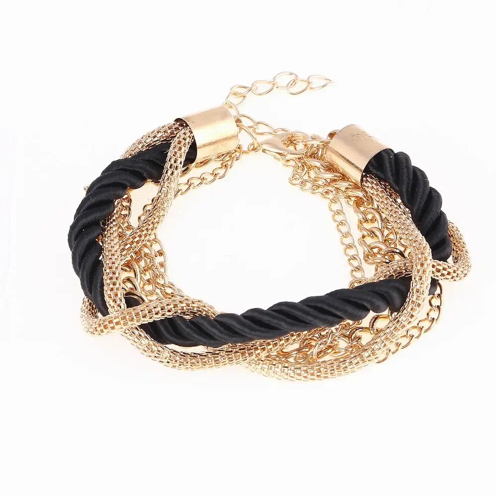 Vintage Black Red White Gold Color Bohemian Multilayer Weave Rope Chains Link Bracelets Handmade