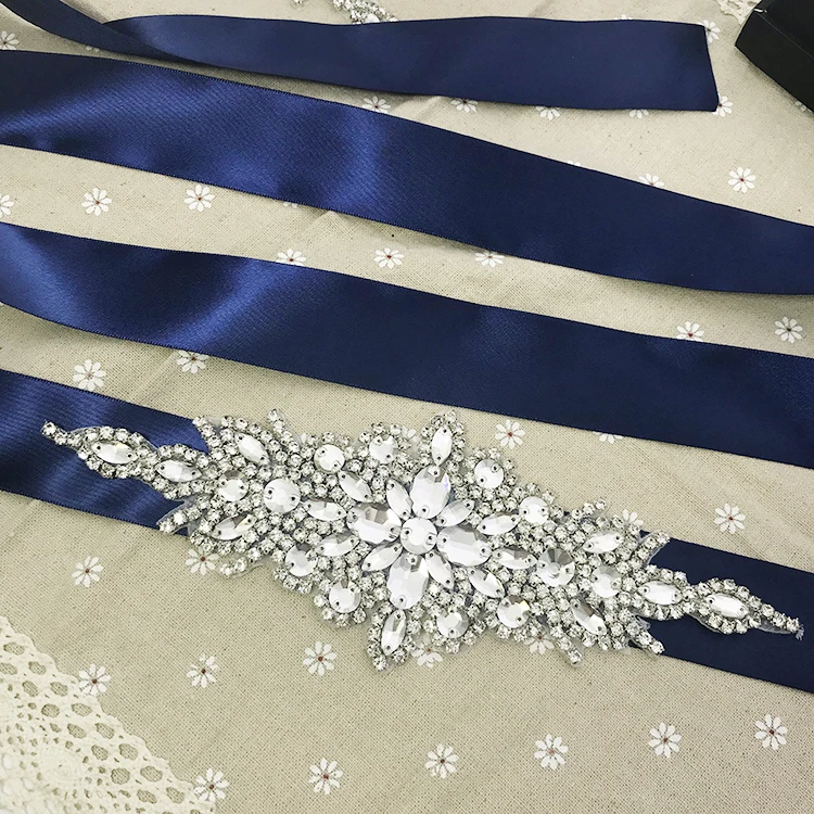 Свадебный пояс с бриллиантами 24 см, длина 9 см, ширина 3,8 см, атласная лента темно-синего цвета, свадебные аксессуары для свадебных платьев