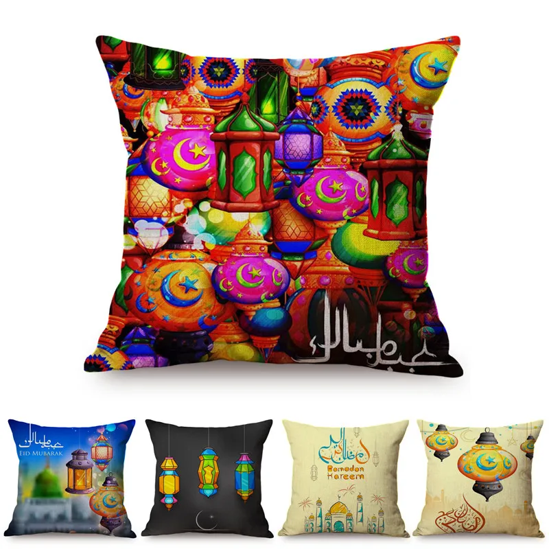 

2019 Muslim Islamic Colorful Lantern Ramadan Decoration Cushion Cover Cotton Linen Arab Home Decorative Sofa Throw Pillow Cover