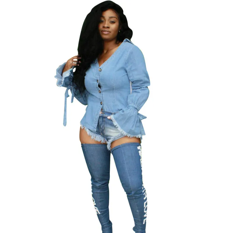 

Trumpet sleeves Cowboy Women Coat Spring Autumn New BF style Loose Jacket Long sleeve Single-breasted Denim Jacket Female