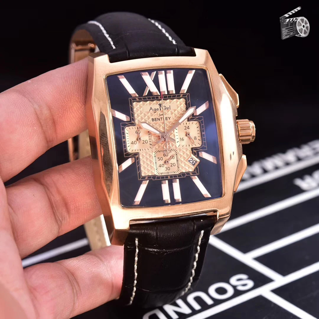 

Luxury Brand New Quartz Chronograph Men Watch Stopwatch Yellow Gold Sapphire Crystal Black Leather Square Sport Watches AAA+