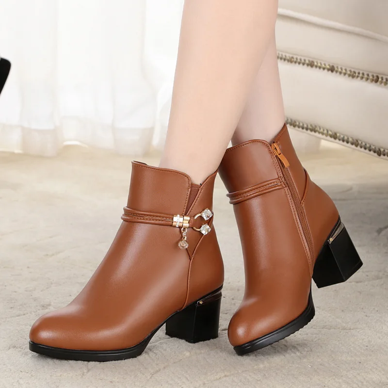 

Split Leather Ankle Martin Boots Round Toe High Heels Winter Warm Thick Heels Large-size 34-43 Mother's Shoes Black Brown Grey