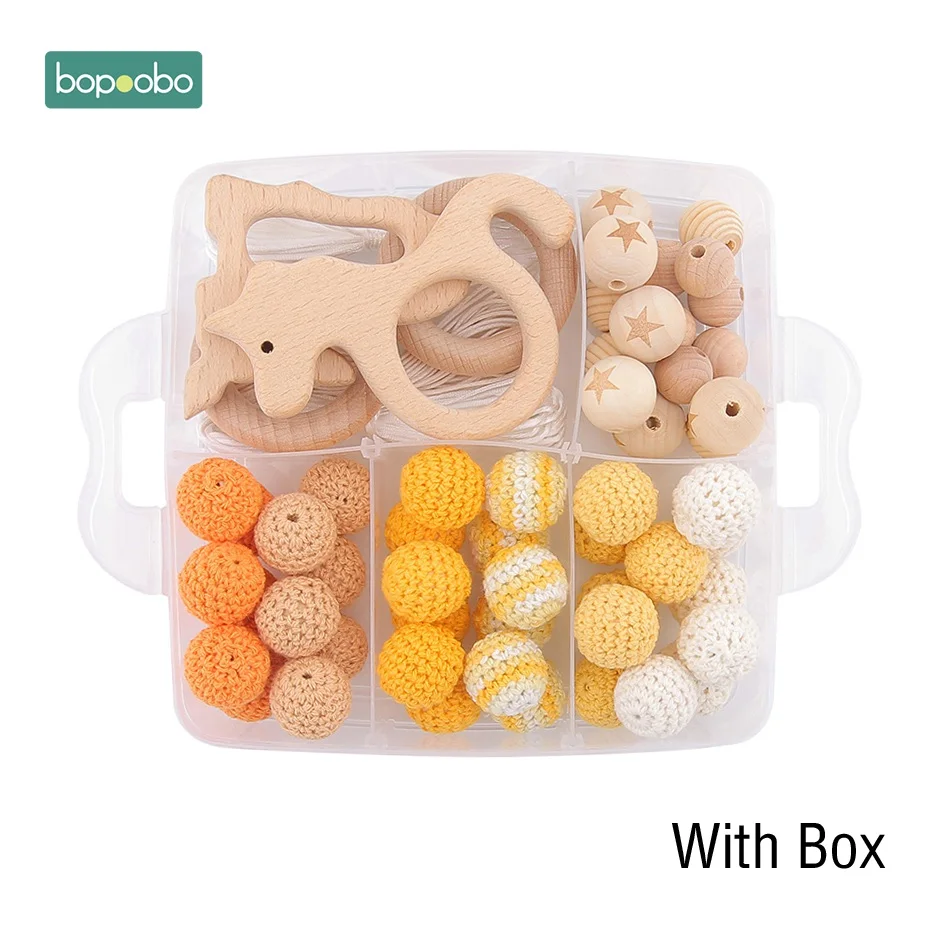 Bopoobo 1Set Baby Teether DIY Silicone Beads Pacifier Clip Chain Baby Mobile Wool ball BPA Free Wooden Crochet Beads Teether - Цвет: Orange Crochet Set-2