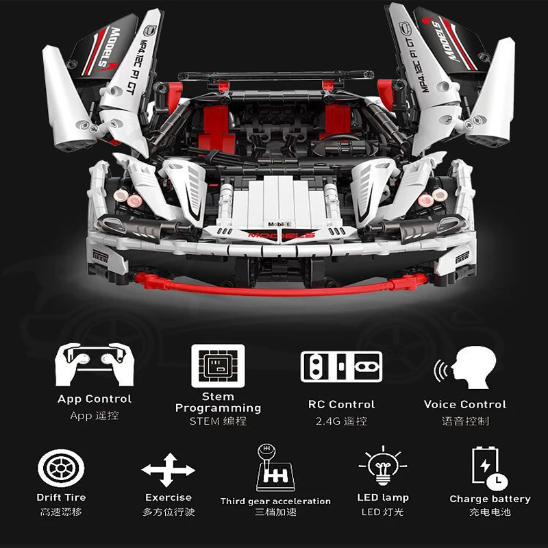 13067 LED APP RC Control Motor Drift Tire Racing Sport Car Set Figures Building Blocks Toys Compatib (1)