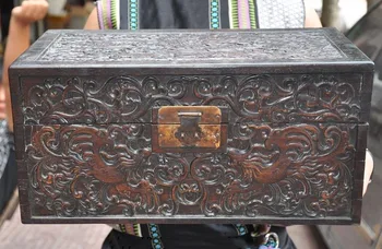 

Christmas China Huanghuali Wood Hand Carved Dragon Phoenix Statue Treasure chest Box Boxes wedding decoration