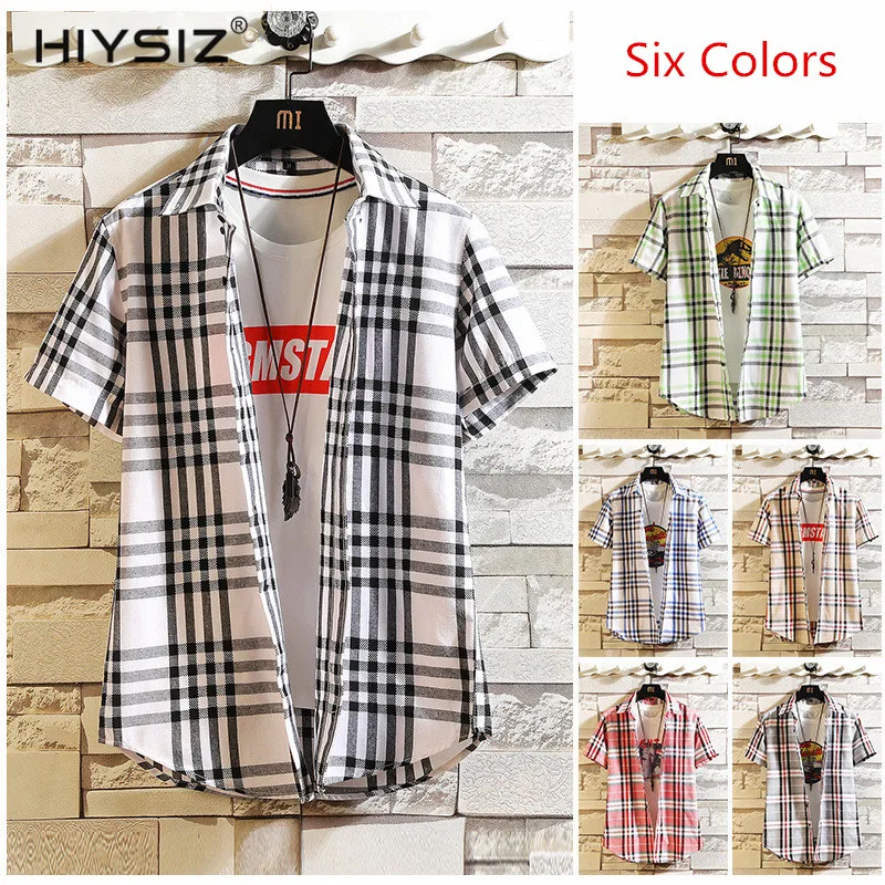 

HIYSIZ NEW MEN Shirts 2019 Brand new hot Fashion Trend Plaid Casual Streetwear Turn-down Collar short sleeve Shirt Summer ST432