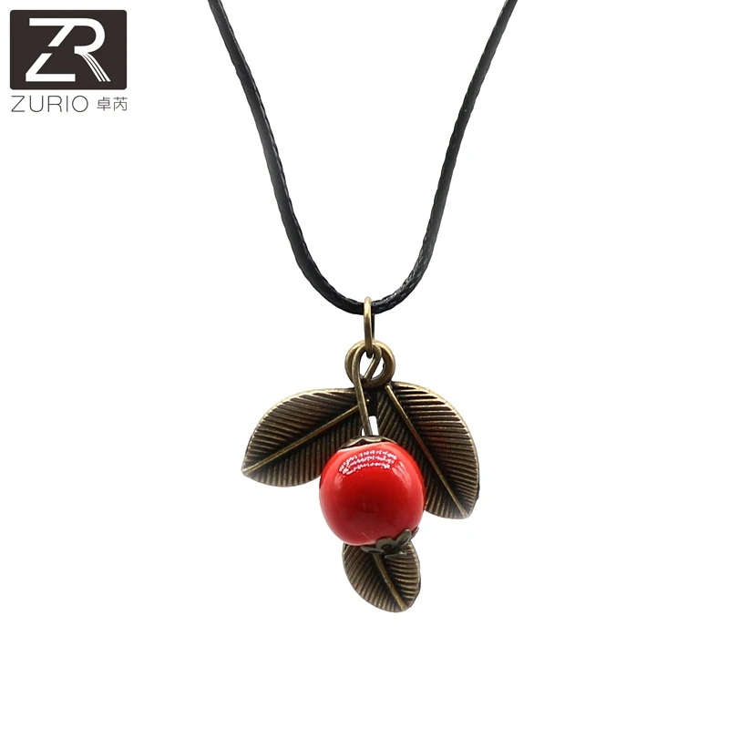 

Zurio Creative Ethnic Style of Ceramic Necklace Little Cherry Copper Handmade Accessories Traveling Memento Souvenir Wholesale