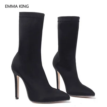 

New Fashion Stiletto Heels Ankle Boots For Women Pointed Toe High Heels Black Beige Stretch Sock Boots Woman Luxury Winter Shoes