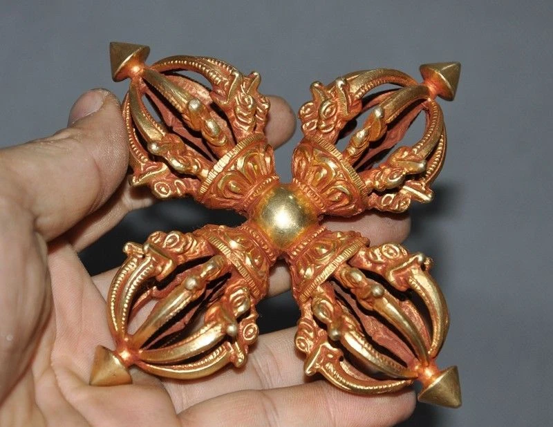 Тибетский буддизм Бронзовый 24k золотой позолоченный Dorje Vajra Phurpa Exorcism Dagger FaQi|Статуи