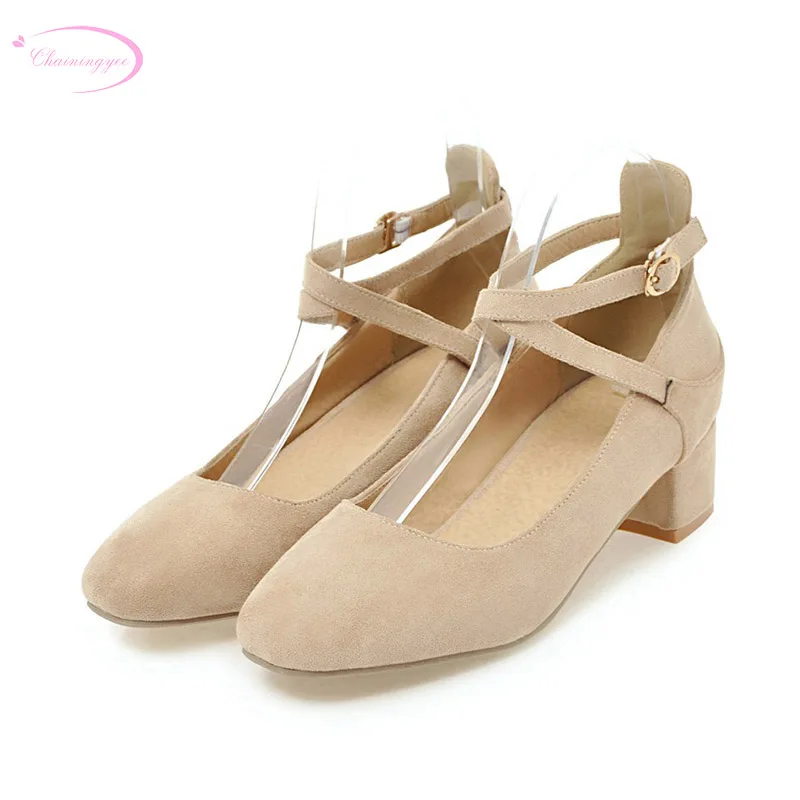 

Chainingyee leisure style nubuck square toe pumps fashion cross belt buckle beige pink yellow black med heel women's shoes