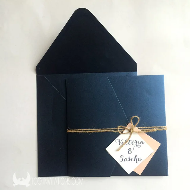 custom square pocket fold wedding invitations navy blue finishing card and pocket
