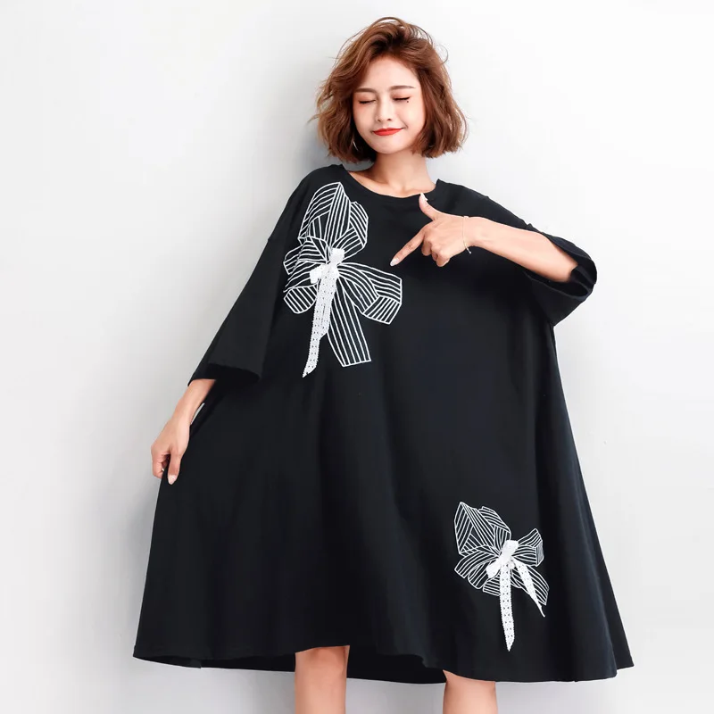 

Johnature Summer New Plus Size Casual A-Line Women Dress O-neck Half Sleeve Solid Color Patchwork Bow Korean Loose Dresses 2019