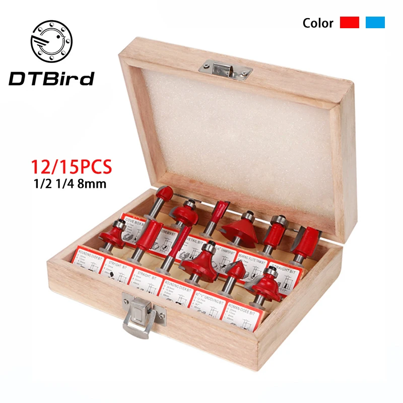 

12/15PCS Woodworking Milling Cutters 1/4''/2"/8mm Shank Carbide Router Bit Set For Wood Cutter Floor Engraving Cutting Tools Box