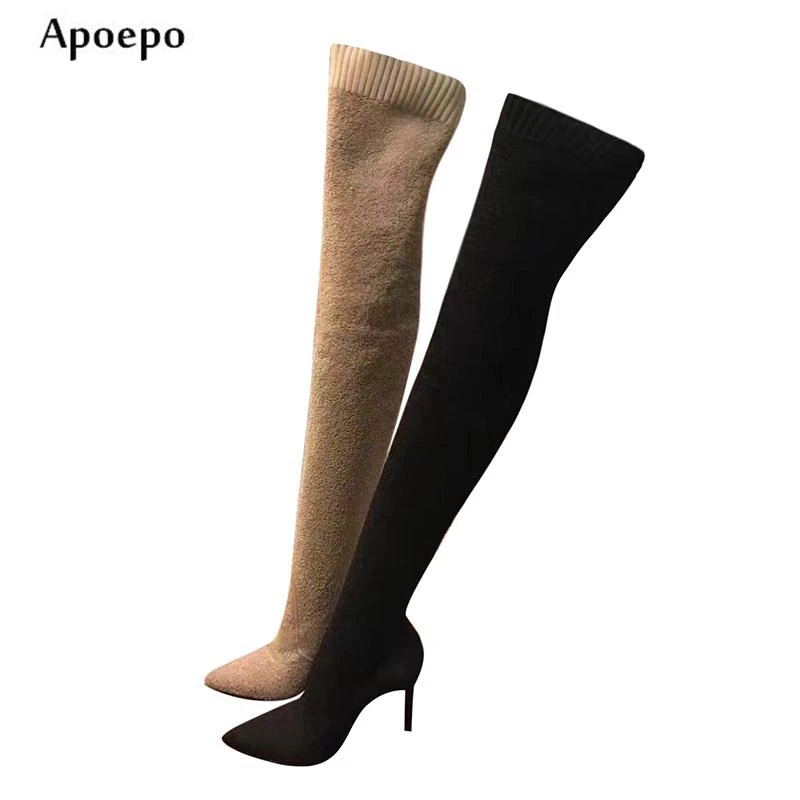 

New Hot Selling Pointed Toe Boots for Woman Sexy Over the Knee High Heel Boots Knitted Stretch Sock Boots Thigh High Boots