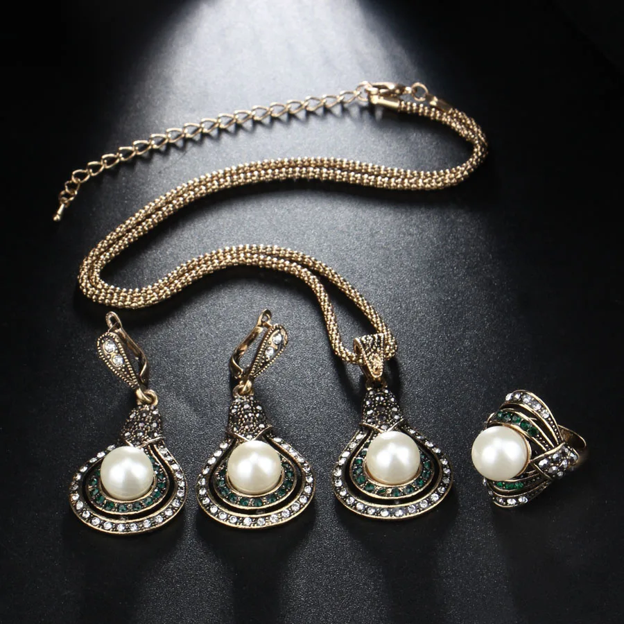 Kinel-3Pcs-Vintage-Jewelry-Sets-For-Women-Antique-Gold-Pearl-Earrings-Necklace-Ring-Wedding-Party-Female (1)