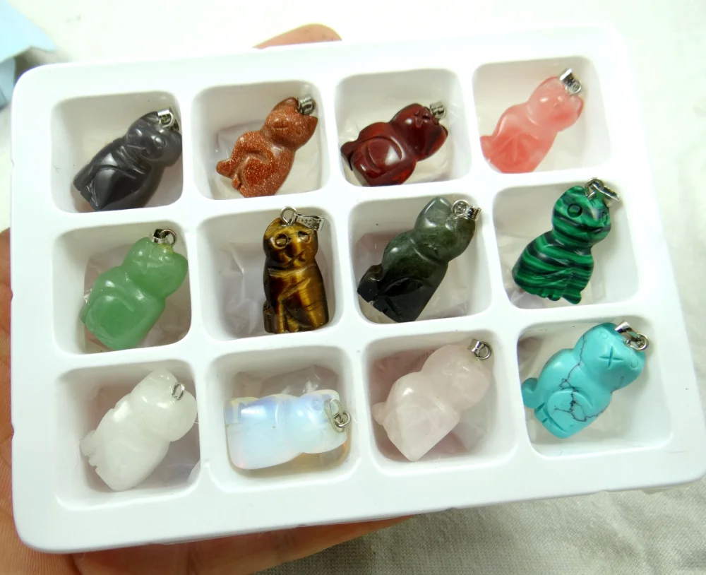 

fashion natural stone mixed carved Cat charms pendants for necklaces jewelry making 12pcs wholesale free shipping CC9