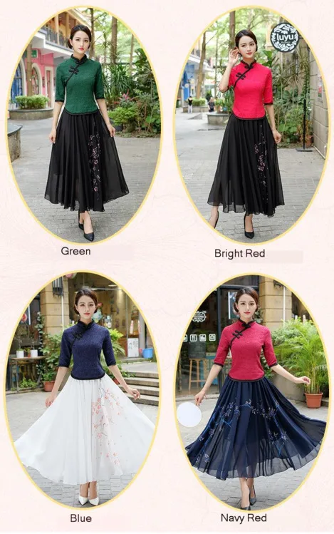 SHENG COCO Lace Shirts Chinese Style Cheongsam Tops Woman China Classical Lace Qipao Shirts Green Grace Temperament Tops