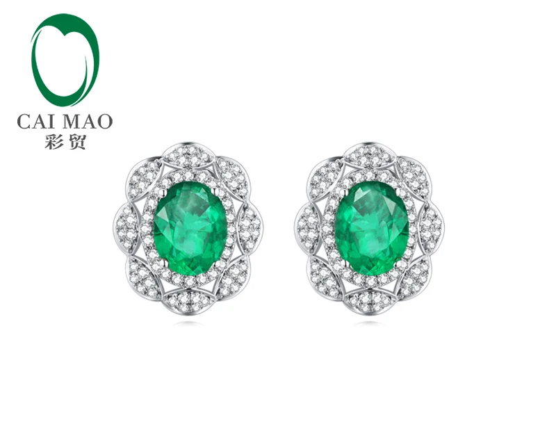 

CaiMao 14KT/585 White Gold 1.68ct Emerald AAA 0.48 ct Round Cut Diamond Engagement Earrings Jewelry