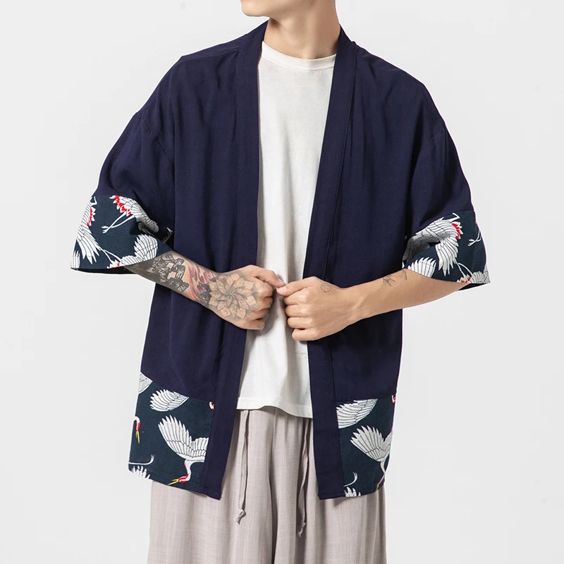 MRDONOO Janpan Style Short Sleeve Kimono Jacket Men Crane Printed Coat
