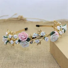 Fashion Baroque Hair Jewelry Crystal Hairbands Ceramic Rose Flower Women Wedding Crown Hair Accessories Headbands Bridal Tiara