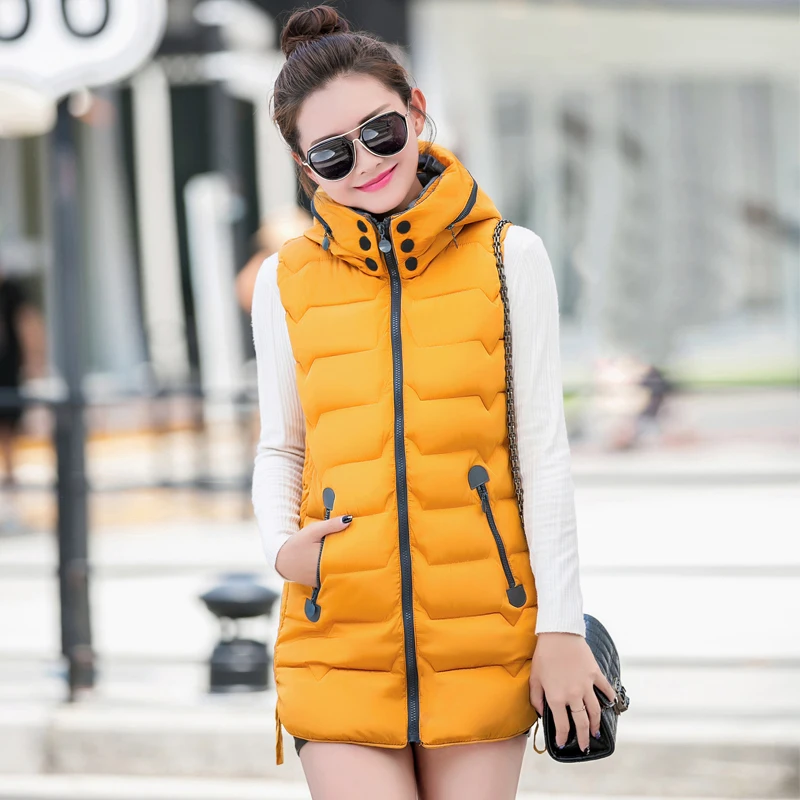 

QIMAGE New Female Vests 2017 Women Long Vest Cotton Padded Jacket Sleeveless With Hooded Lady Vest Waistcoats Large Size L-4XL