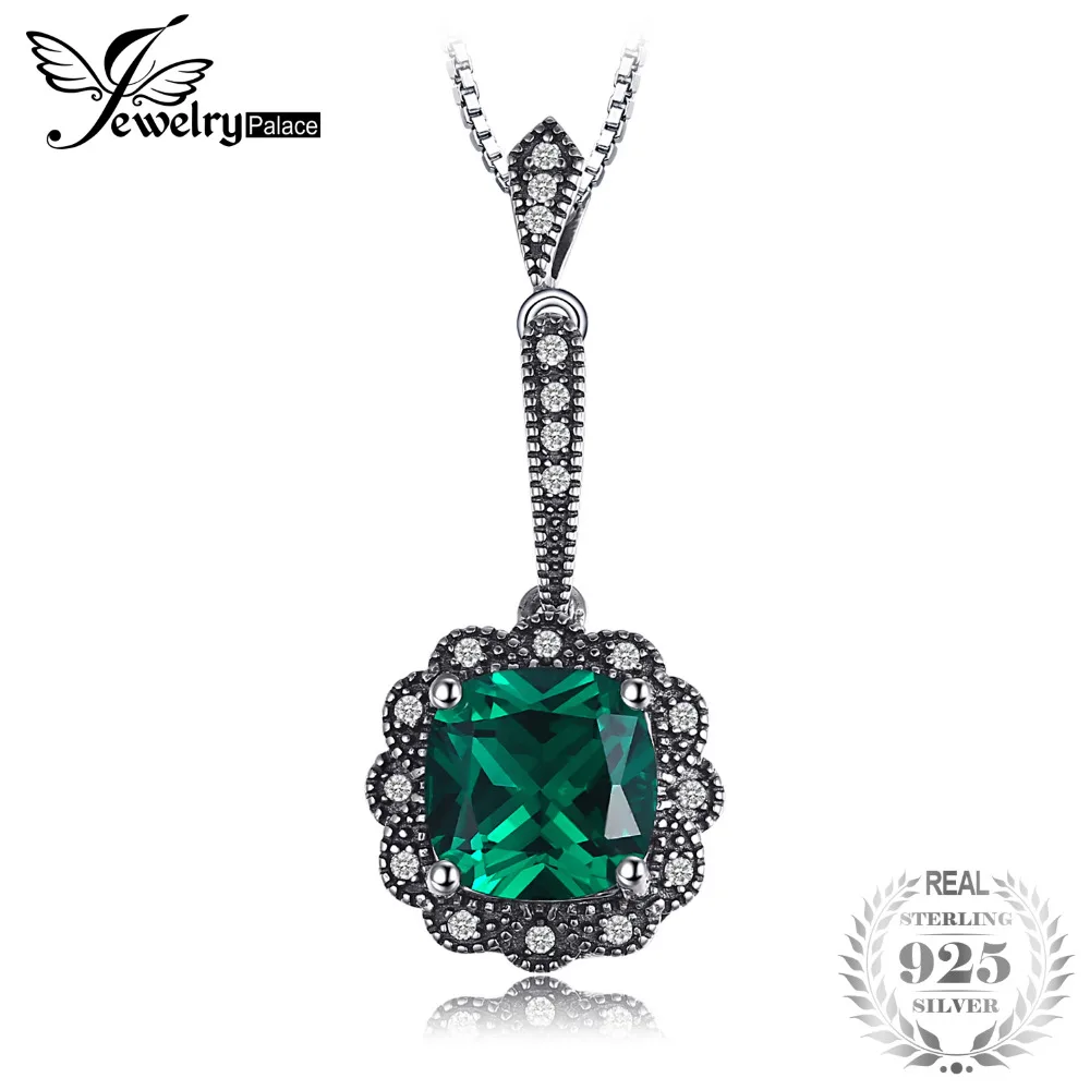 

JewelryPalace 2.2ct Square Created Emerald Pendants Necklaces 925 Sterling Silver 45cm Box Chain Jewelry For Women