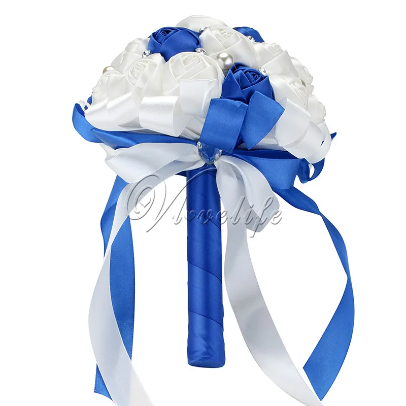 Романтический букет подружки невесты ручной работы искусственный атласный цветок розы розовое сердце горный хрусталь жемчужные свадебные сувениры, декор поставка - Цвет: white royal blue