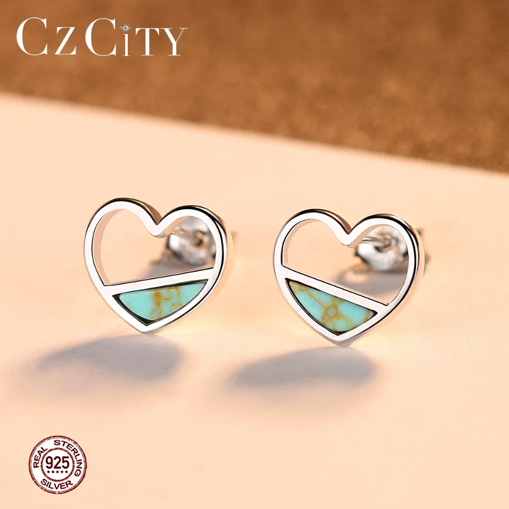 CZCITY реальные 925 пробы серебро бирюза серьги в виде сердца Для женщин ювелирные
